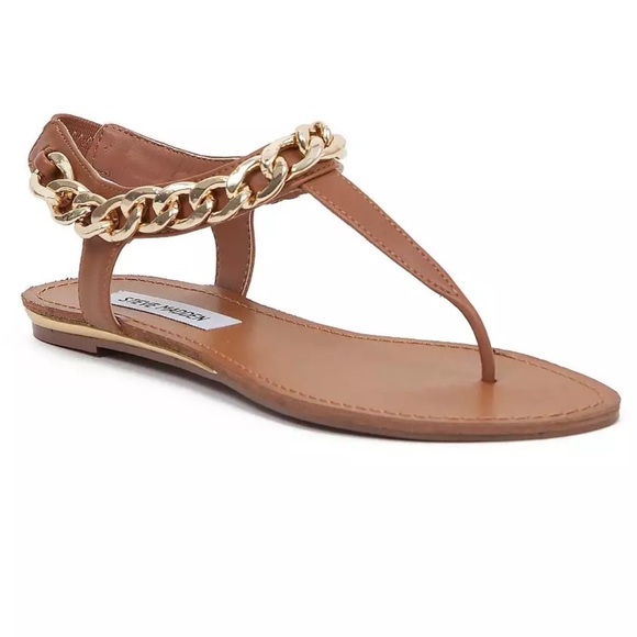Women's Steve Madden Caramel Thong Sandals Gold Chain Accent Size 7 Pull On - Picture 1 of 10